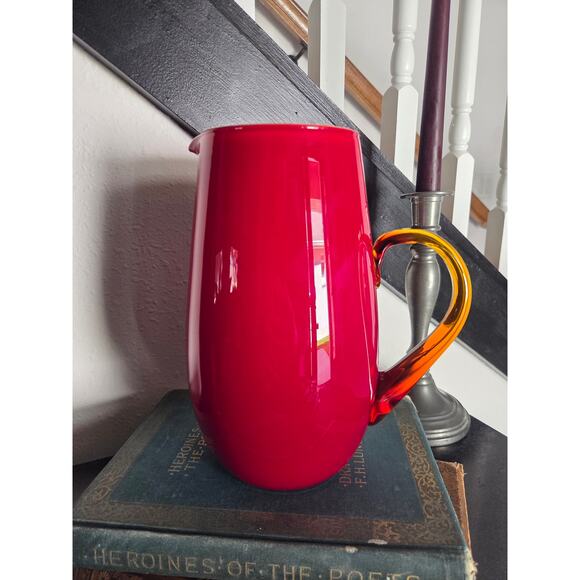 Amberina Red Glass Pitcher 8.75" Handblown Art Glass with Amber Handle Vintage - Picture 6 of 10